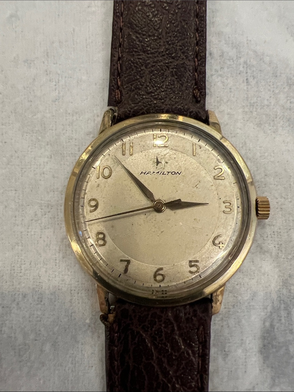 Hamilton 10 kt Gold-Tone Dress Watch with Brown Leather Strap